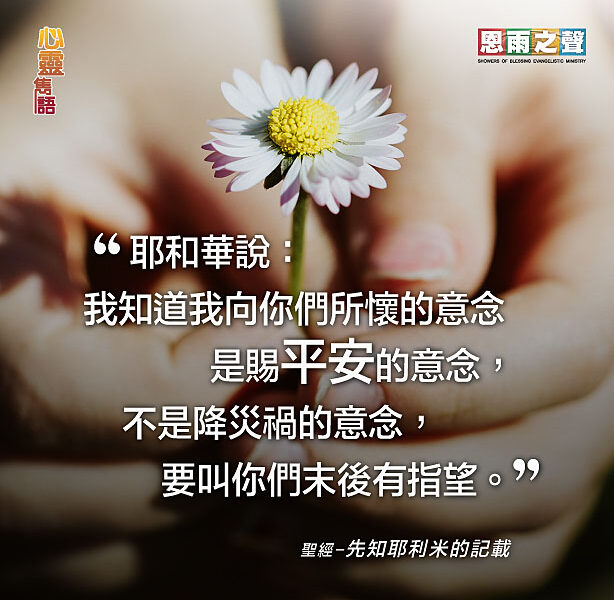 “耶和華說：我知道我向你們所懷的意念是賜平安的意念，不是降災禍的意念，要叫你們末後有指望。 ”聖經–先知耶利米的記載