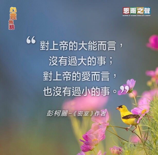 “對上帝的大能而言，沒有過大的事；對上帝的愛而言，沒有過小的事。” — 彭柯麗 -《密室》作者