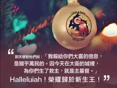 “那天使對他們說：「我報給你們大喜的信息，是關乎萬民的。因今天在大衛的城裡，為你們生了救主，就是基督。Hallelujah！榮耀歸於新生王。」” — 聖經